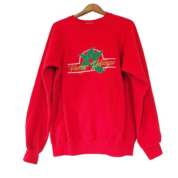 Vtg Christmas Crew Sweatshirt Womens Size L Hanes Red Embroidered Stockings 90s - Picture 6 of 13